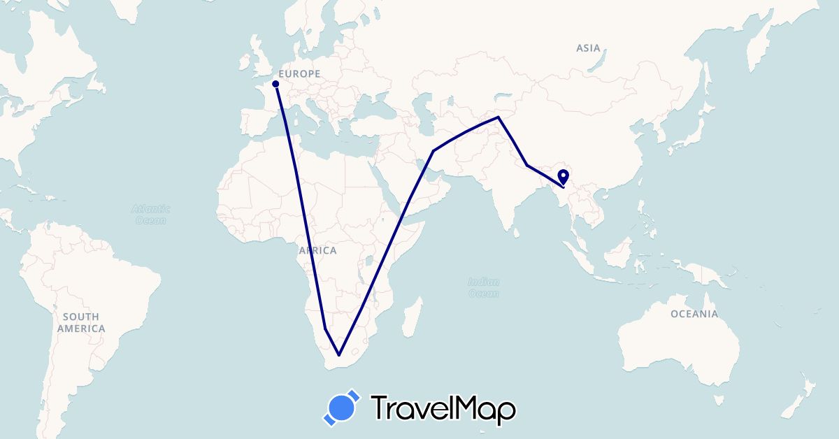 TravelMap itinerary: driving in France, Iran, Kyrgyzstan, Myanmar (Burma), Namibia, Nepal, South Africa (Africa, Asia, Europe)