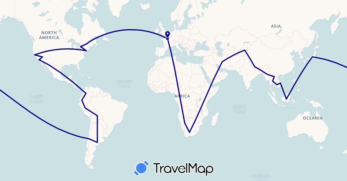 TravelMap itinerary: driving in Argentina, Bolivia, Canada, Chile, Colombia, Ecuador, France, Indonesia, Iran, Japan, Kyrgyzstan, Cambodia, Laos, Myanmar (Burma), Namibia, Nepal, Peru, Thailand, Tanzania, United States, Vietnam, South Africa (Africa, Asia, Europe, North America, South America)